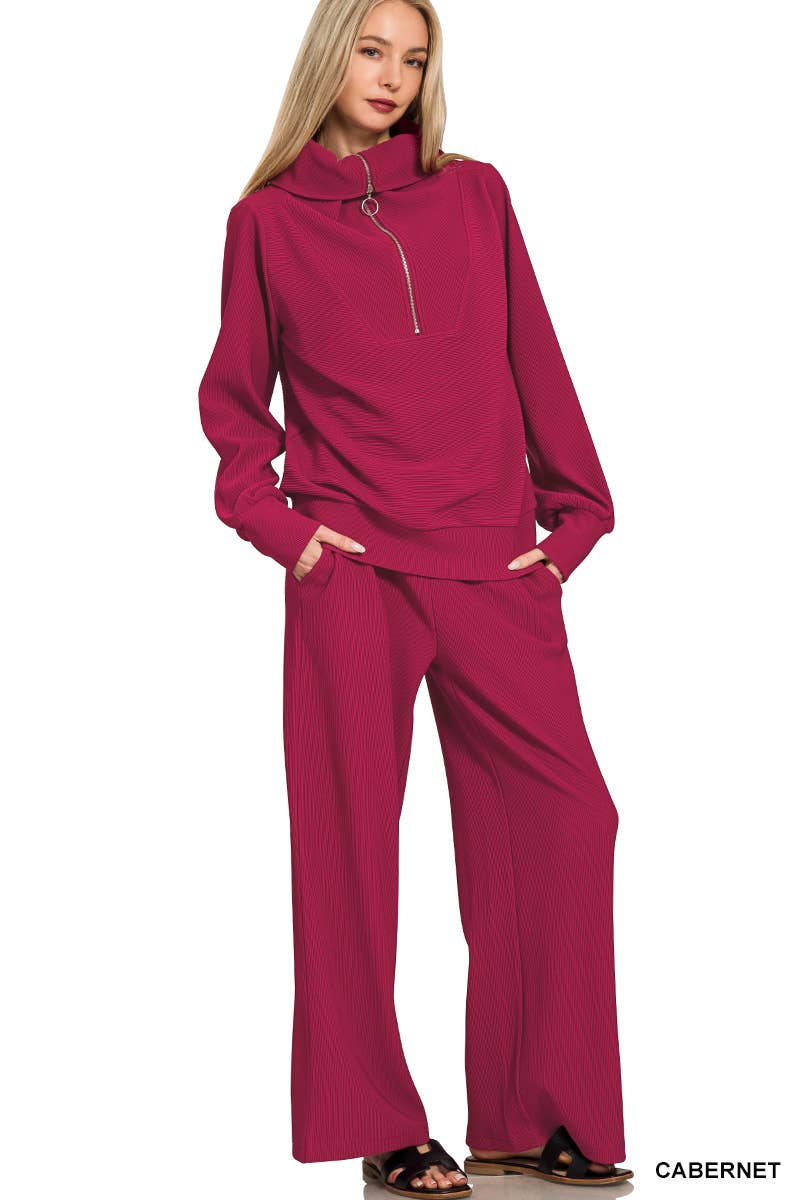 Vanilla Monkey - Wholesale Top & Pant Set (NOT Loungewear) - Women's - Ribbed High Neck Half Zip Pullover And Pants Set2