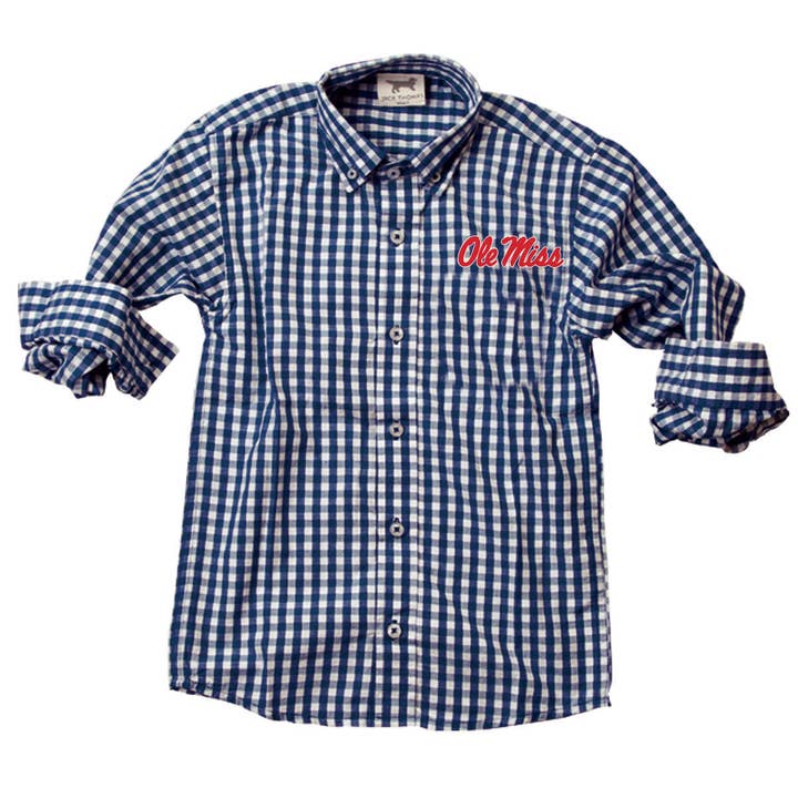 Ole Miss Rebels Youth Boys LS Gingham Shirt - Midnight for wholesale by Wes and Willy