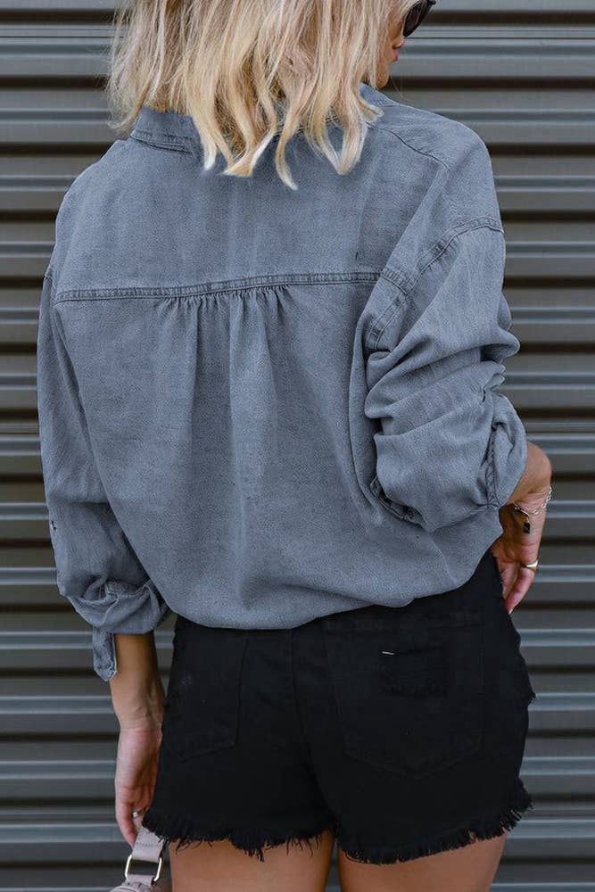 UNISHE – wholesale Tröja med knappar – Dam – Knapp Upp Slips Knut Elastisk Kort Denim Skjorta ZZKF1611