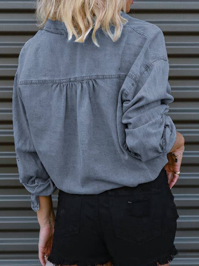 UNISHE – wholesale Tröja med knappar – Dam – Knapp Upp Slips Knut Elastisk Kort Denim Skjorta ZZKF1611