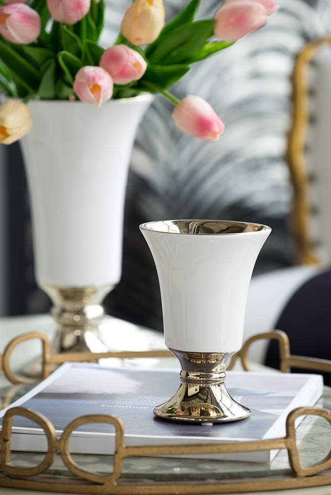 A&B Home Group Inc. - Wholesale Vase - D4.5x8" Elliette Pedestal Vase - White/Gold7