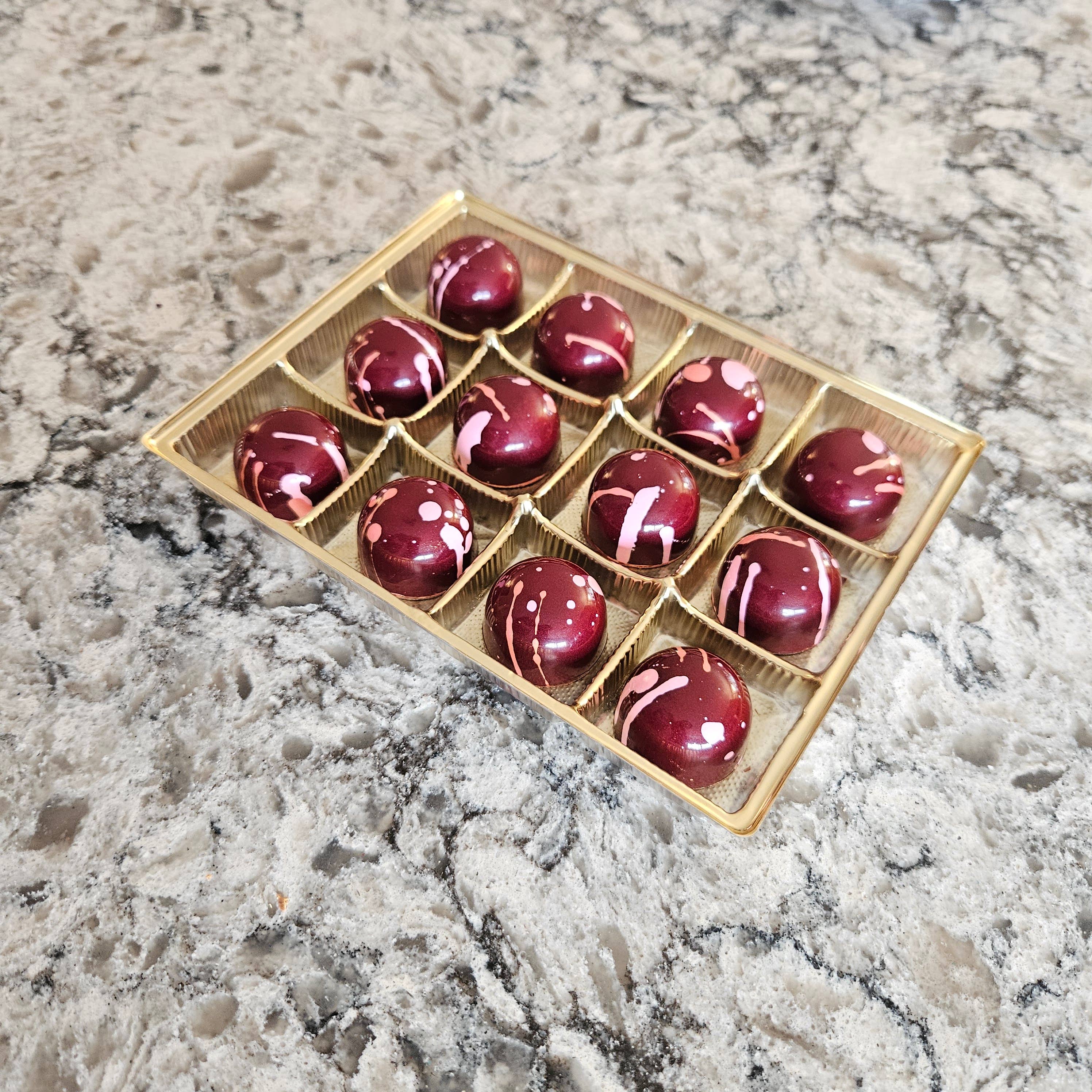 J. Patrice Chocolate Studio - Wholesale Chocolate - Mmm… Raspberry - Bulk BonBons 12 piece Tray1