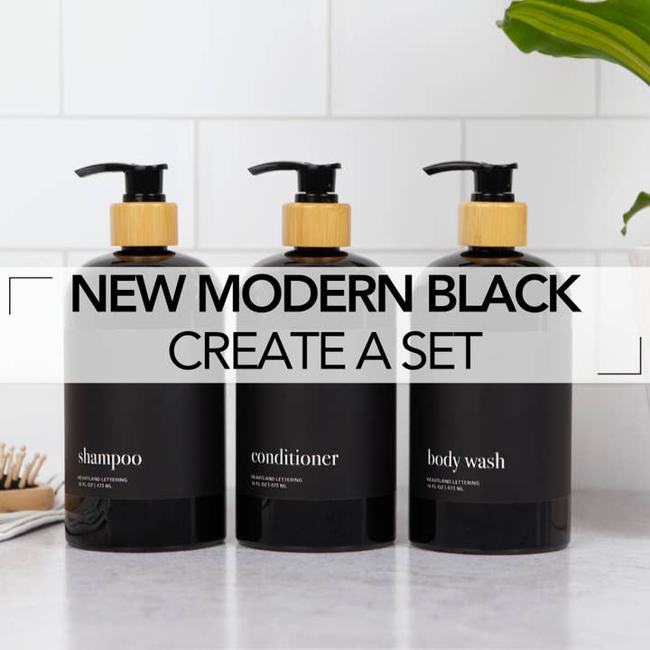 Joie Designs Co. | Refillable Bottles - Wholesale Soap Dispenser - Black Minimalist Shower Dispenser Bottles - Manhattan Collection, Black Matte Label | Black Glossy Bottle