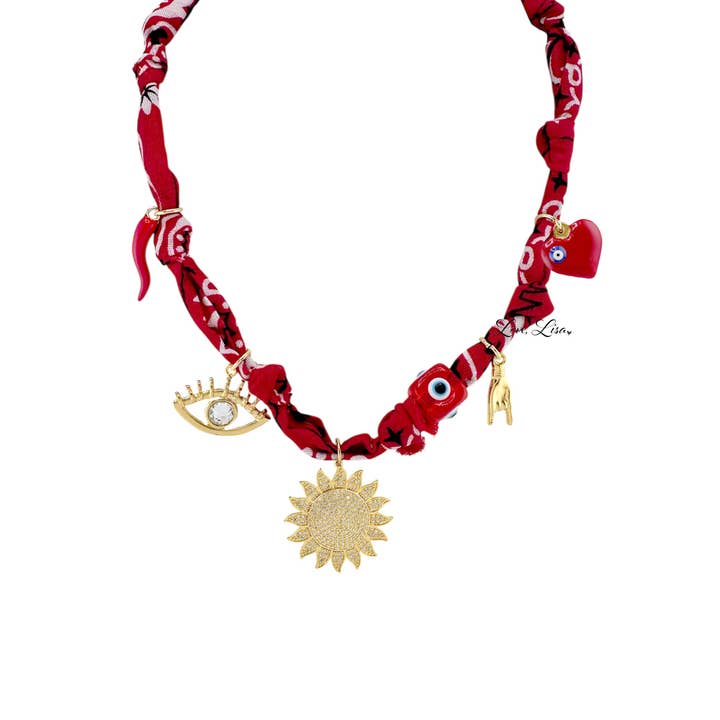 Collier Amore Bandana avec breloque italienne, œil de protection et cornicello pour la vente par Love, Lisa