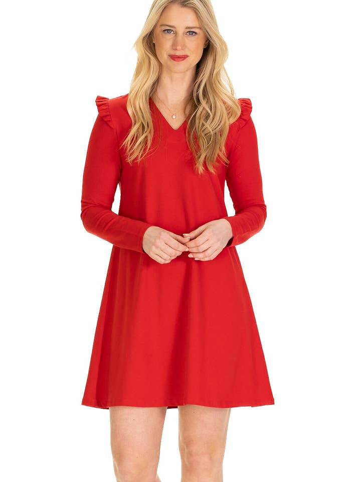 Rebecca jurk met ruches in Holly Berry voor wholesale door Duffield Lane