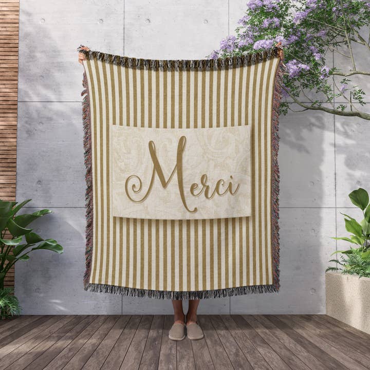 3dRose - Wholesale Throw Blanket - 3dRose, French Language Merci Thank You with Bold Golden Stripes, Blanket2