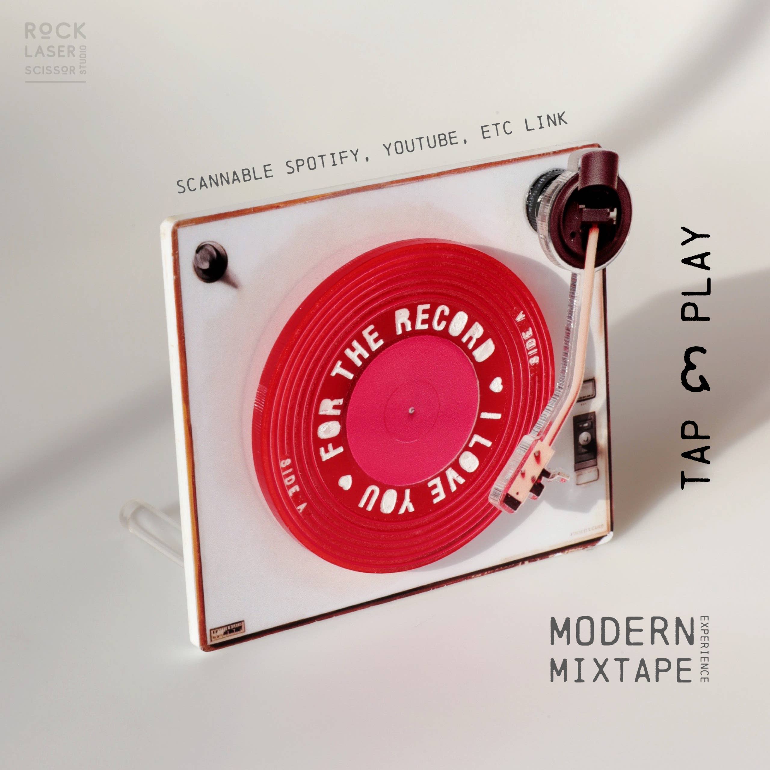 Rock Laser Scissor Studio - Vendita all'ingrosso Decorazioni da tavolo - Decorazione mini giradischi da tavolo con tag NFC programmabile per Spotify e Youtube