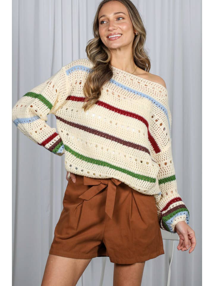 Multi Top de suéter de punto de crochet a rayas multicolor VT81238A- de venta al por mayor en Faire3