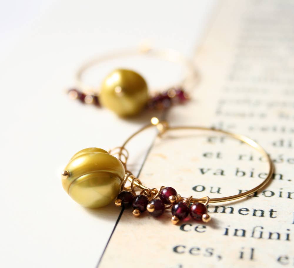 Laura Stark Designs - Wholesale Hoop Earrings - Red Garnet + Green Pearl Earrings | Red Hoops2