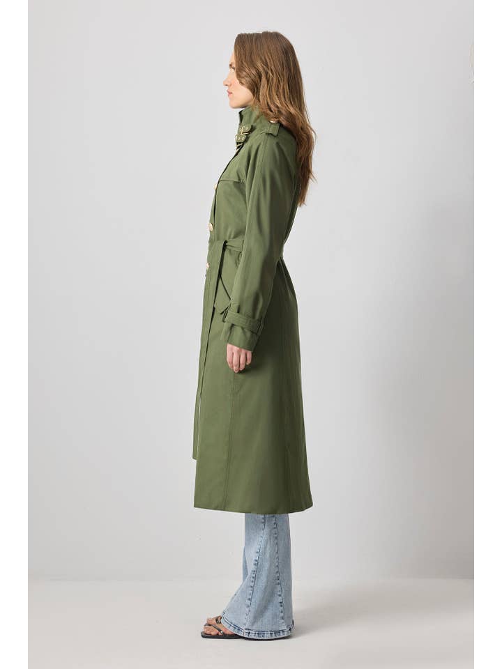 Khaki BELTED COTTON TRENCH COAT WITH GOLD BUTTON DETAIL for wholesale on Faire3