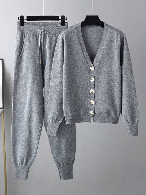 Sheer Trend – Engroshandel Top- og buksesæt (IKKE Loungewear) - Dame – Afslappede løse ensfarvede cardigantoppe med V-hals og harembukser sæt i to dele11