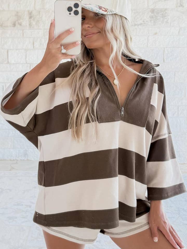 Brown Striped Color Block Zip Collar 3/4 Sleeve Oversize Sweatshirt for wholesale on Faire1