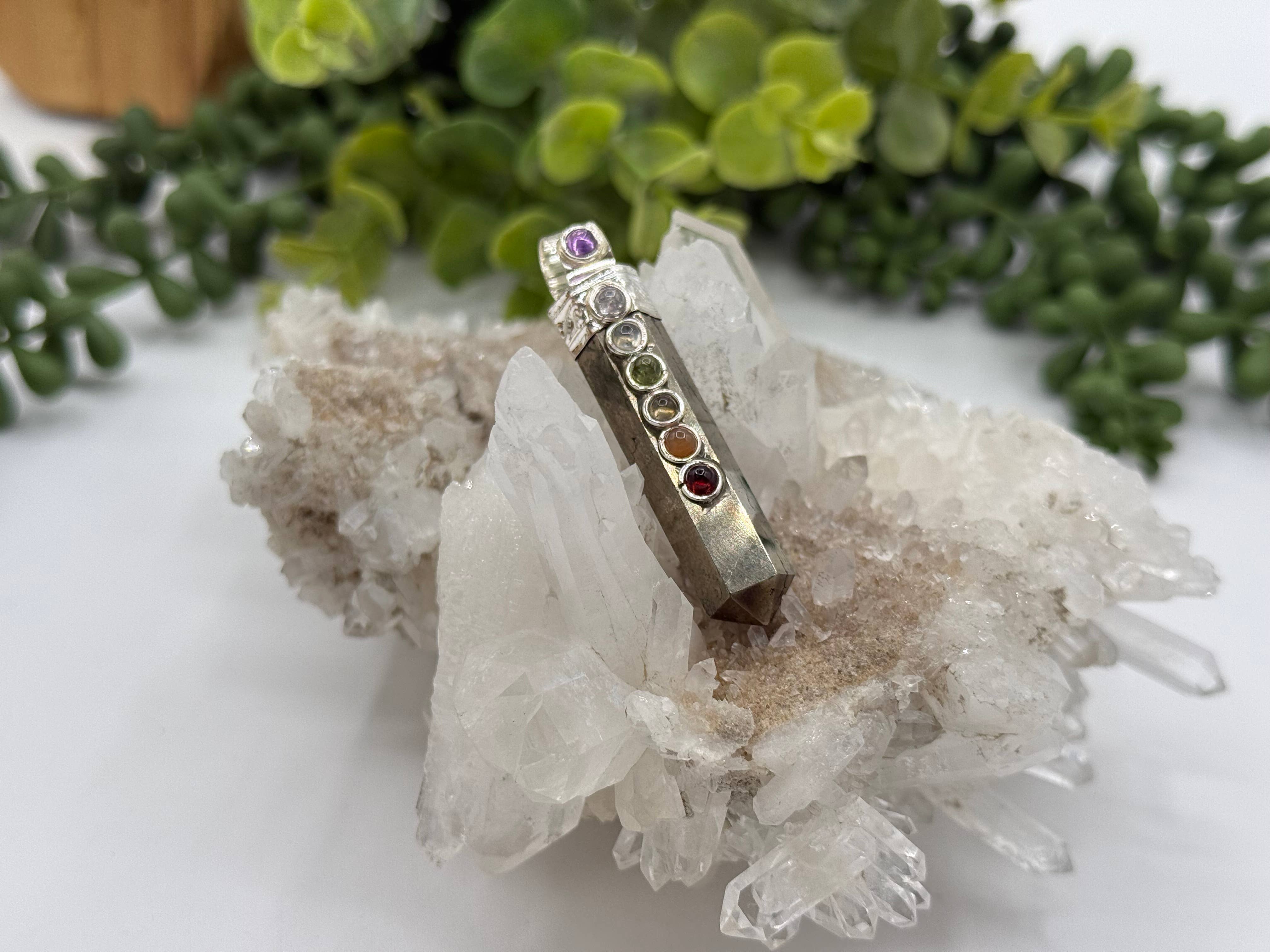 Meraki Gemstones - Wholesale Individual Charm/Pendant - Gemstone Pyrite Pencil Pendant w/Chakra/Silver Metal2