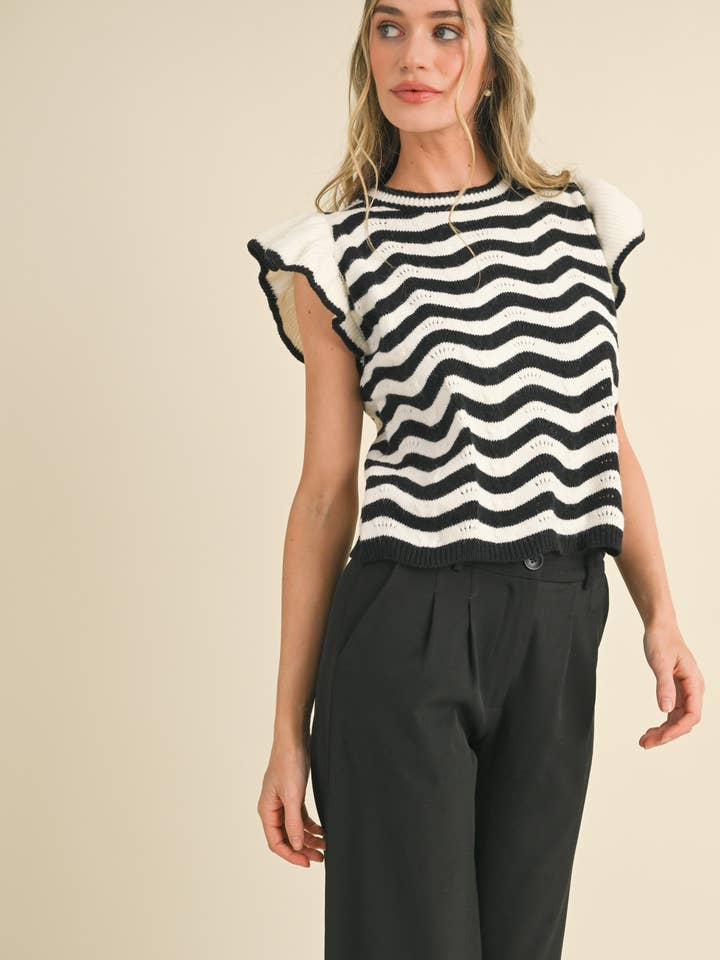 &MERCI - Wholesale Knit Sweater - Women's - WAVY STRIPES FLUTTER SLEEVE SWEATER TOP MSW105092