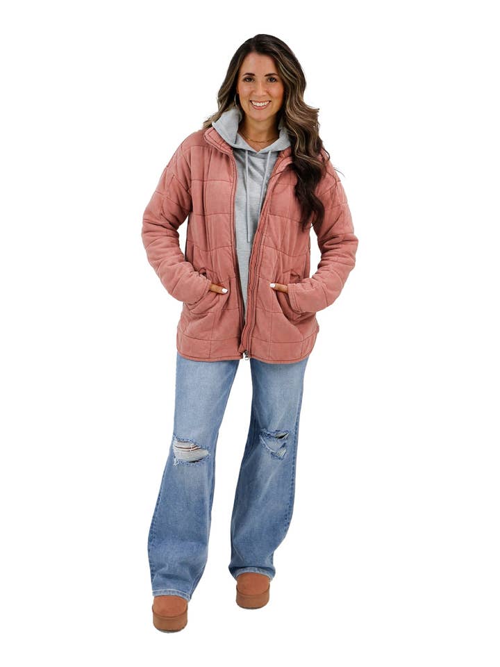 Mineral Washed Quilted Jacket in Terracotta for wholesale on Faire