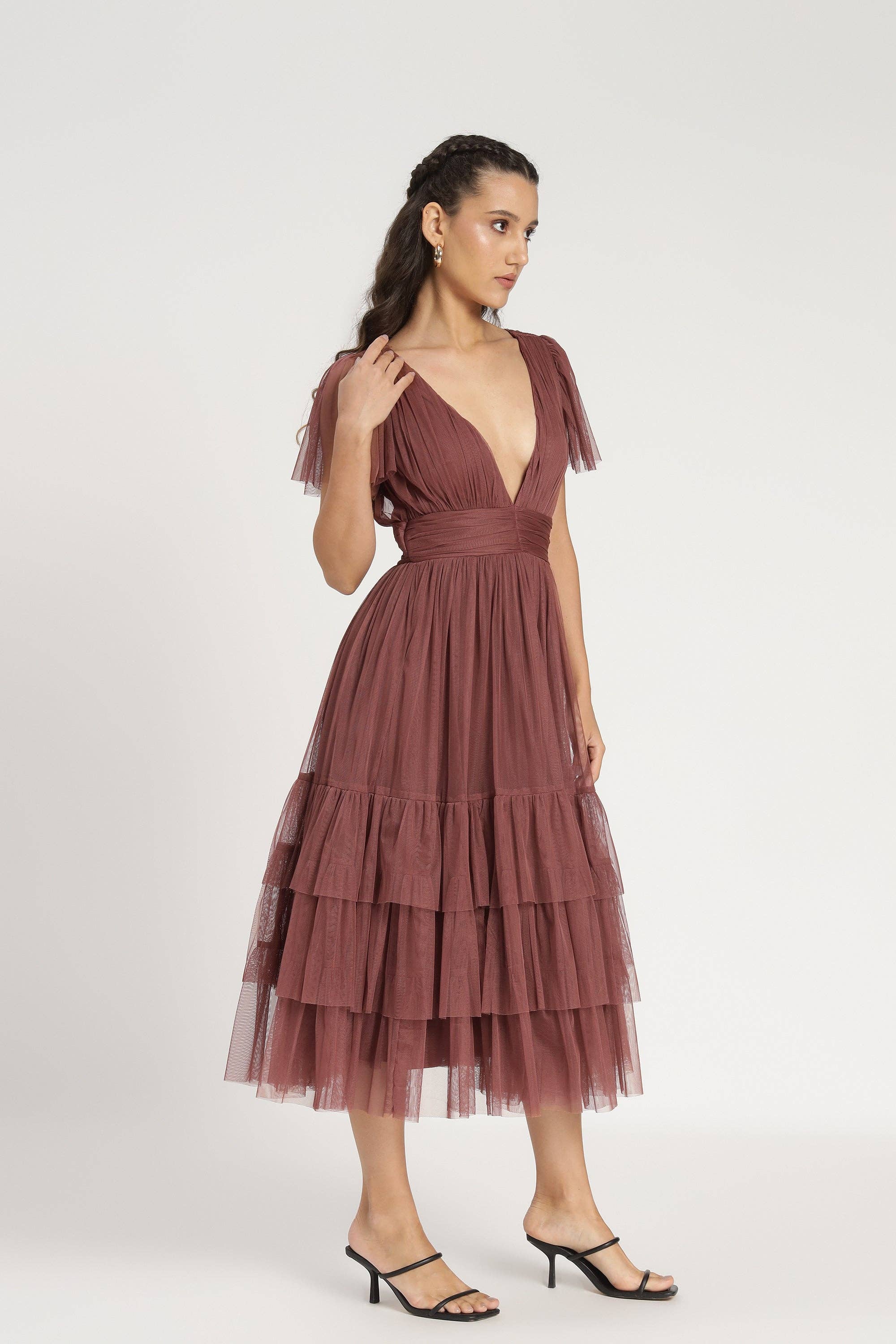 Madison Rose Brown Tulle Bridesmaid Midi Dress for wholesale on Faire8