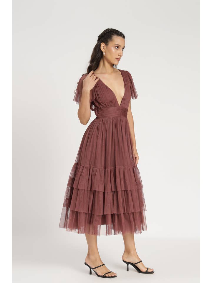 Madison Rose Brown Tulle Bridesmaid Midi Dress for wholesale on Faire8
