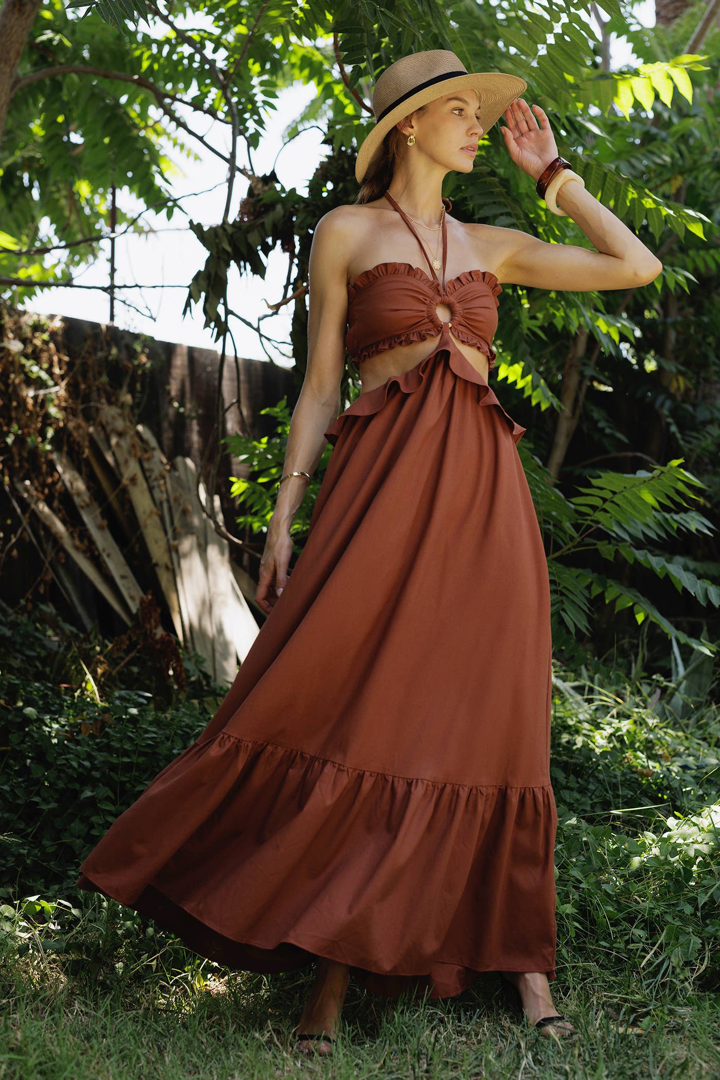 EB LUXE – wholesale Dress – Women's – LD1298 Cut-Out Ruffled Maxi Halter Dress10