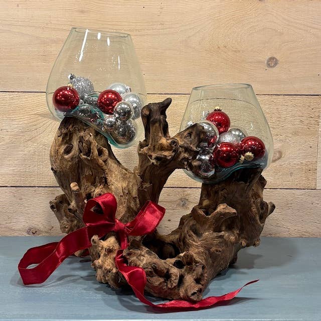 Asia West - Wholesale Terrarium - Double Terrarium-Molten Glass on Wood1