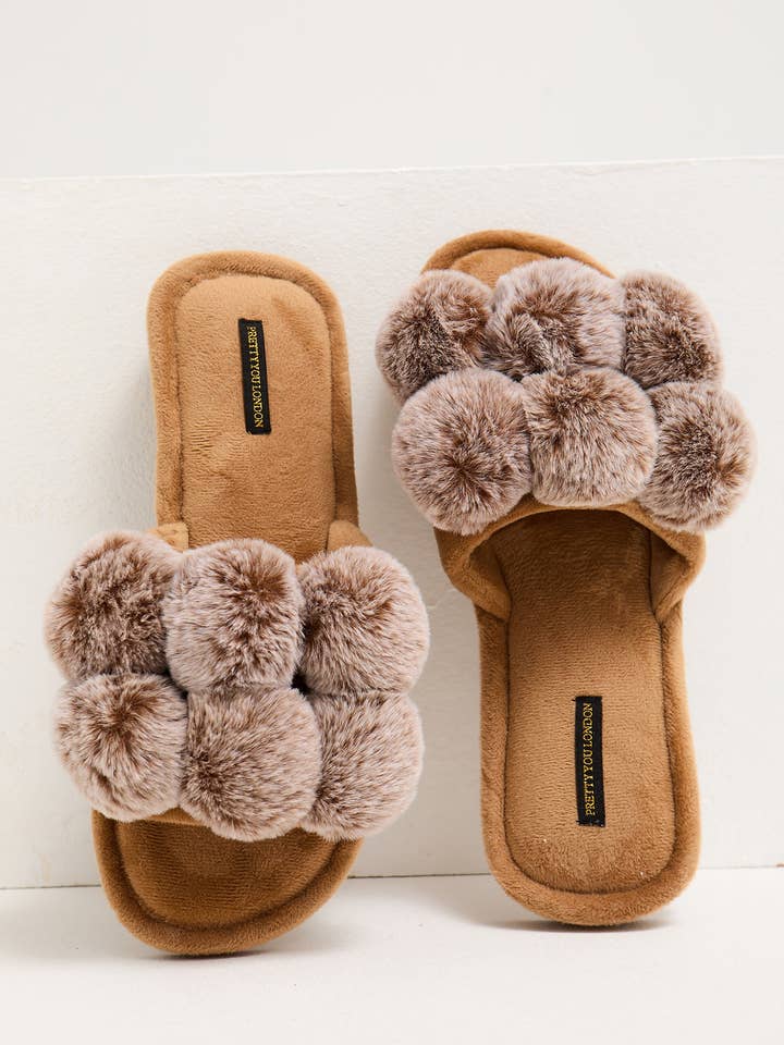 Dolly Pom Pom Slippers in Caramel for wholesale on Faire2
