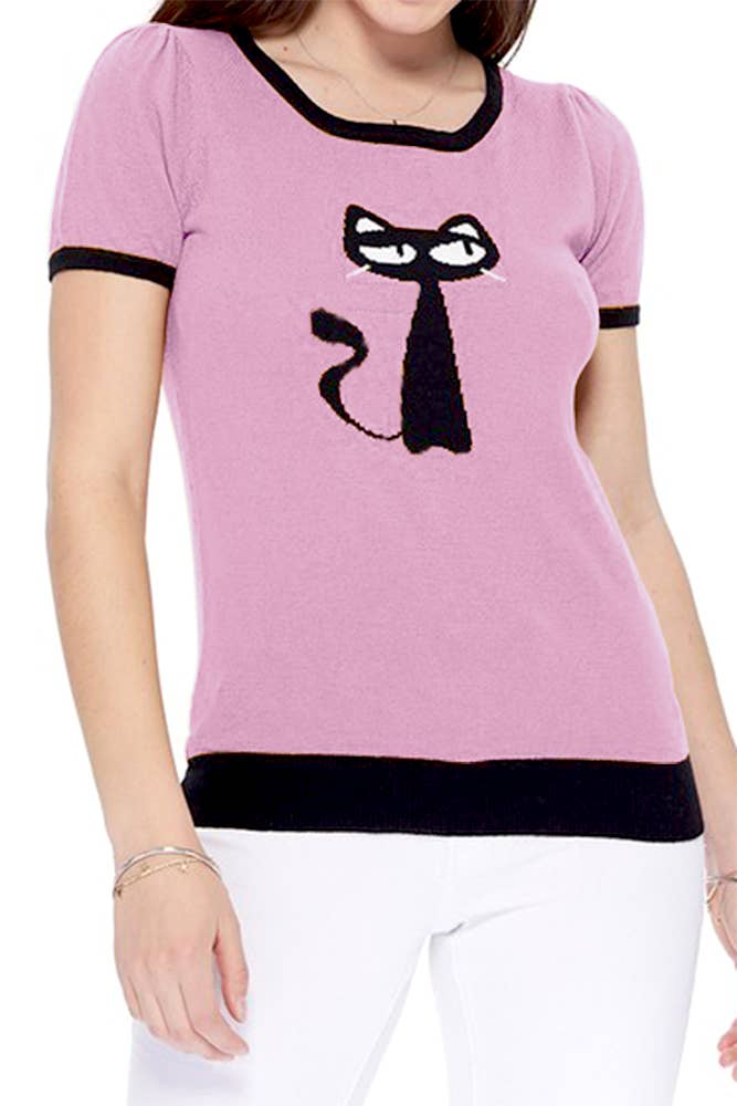 Mak - Wholesale Knit Sweater - Women's - Short Sleeve Crewneck Cat Print Casual T-Shirt Sweater10