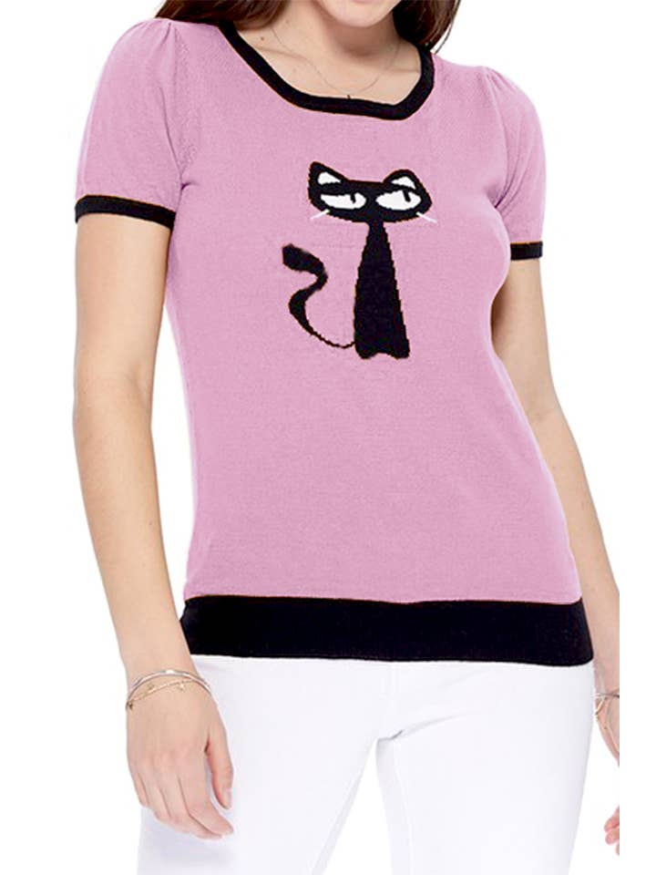 Mak - Wholesale Knit Sweater - Women's - Short Sleeve Crewneck Cat Print Casual T-Shirt Sweater10