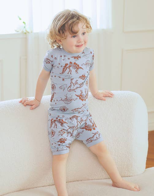 Blue Grey Dinosaur Museum Viscose Short Sleeve PJs for wholesale on Faire3
