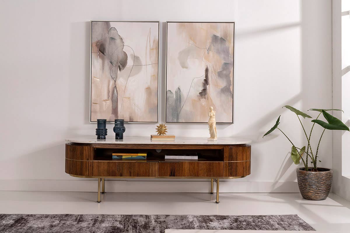 Gdeco - Wholesale Console Table - Natural Wood TV Cabinet And White Marble Top2