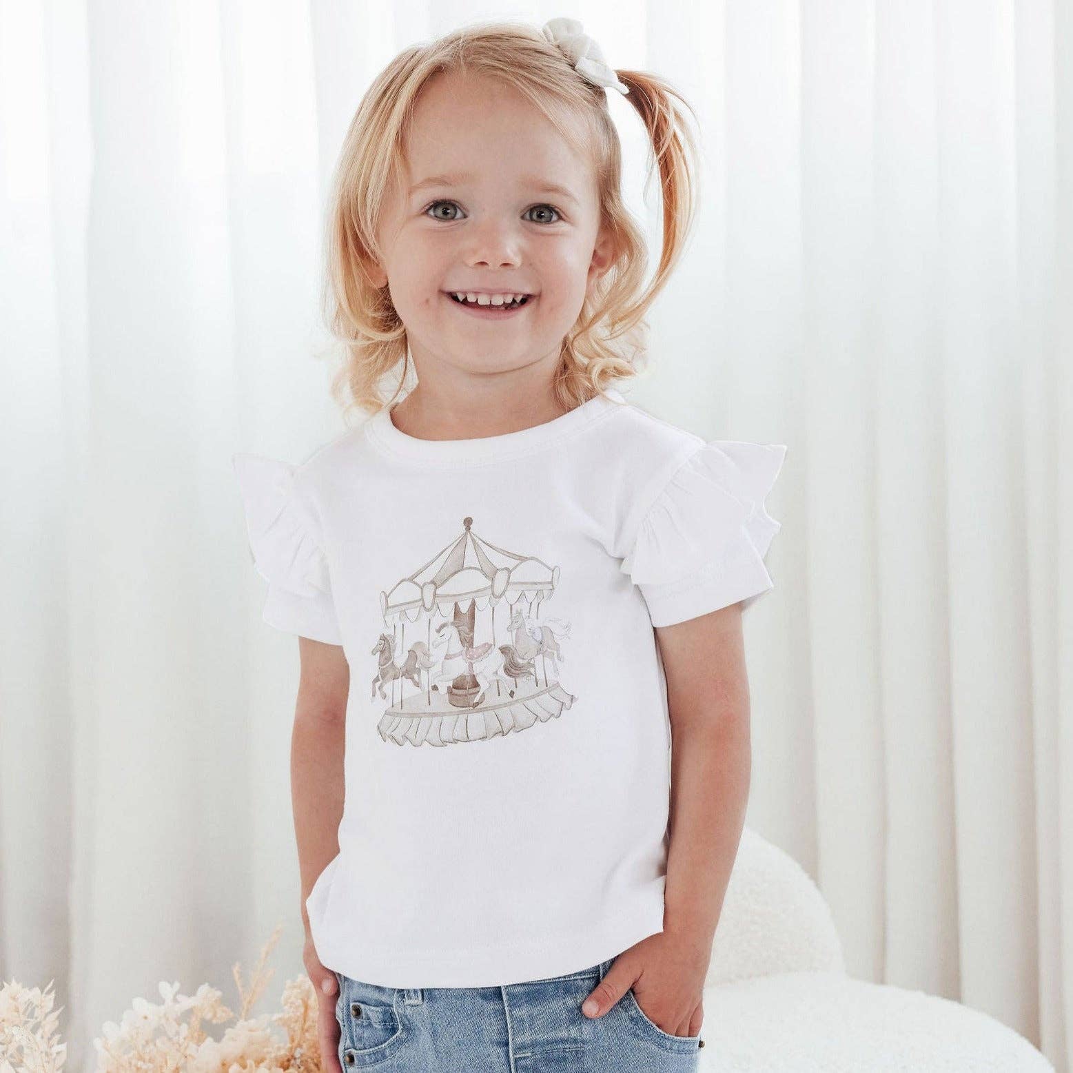 White Carousel Print Flutter Tee for wholesale on Faire2