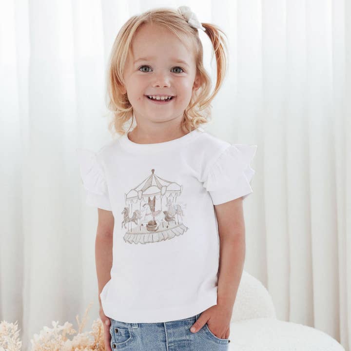 White Carousel Print Flutter Tee for wholesale on Faire2