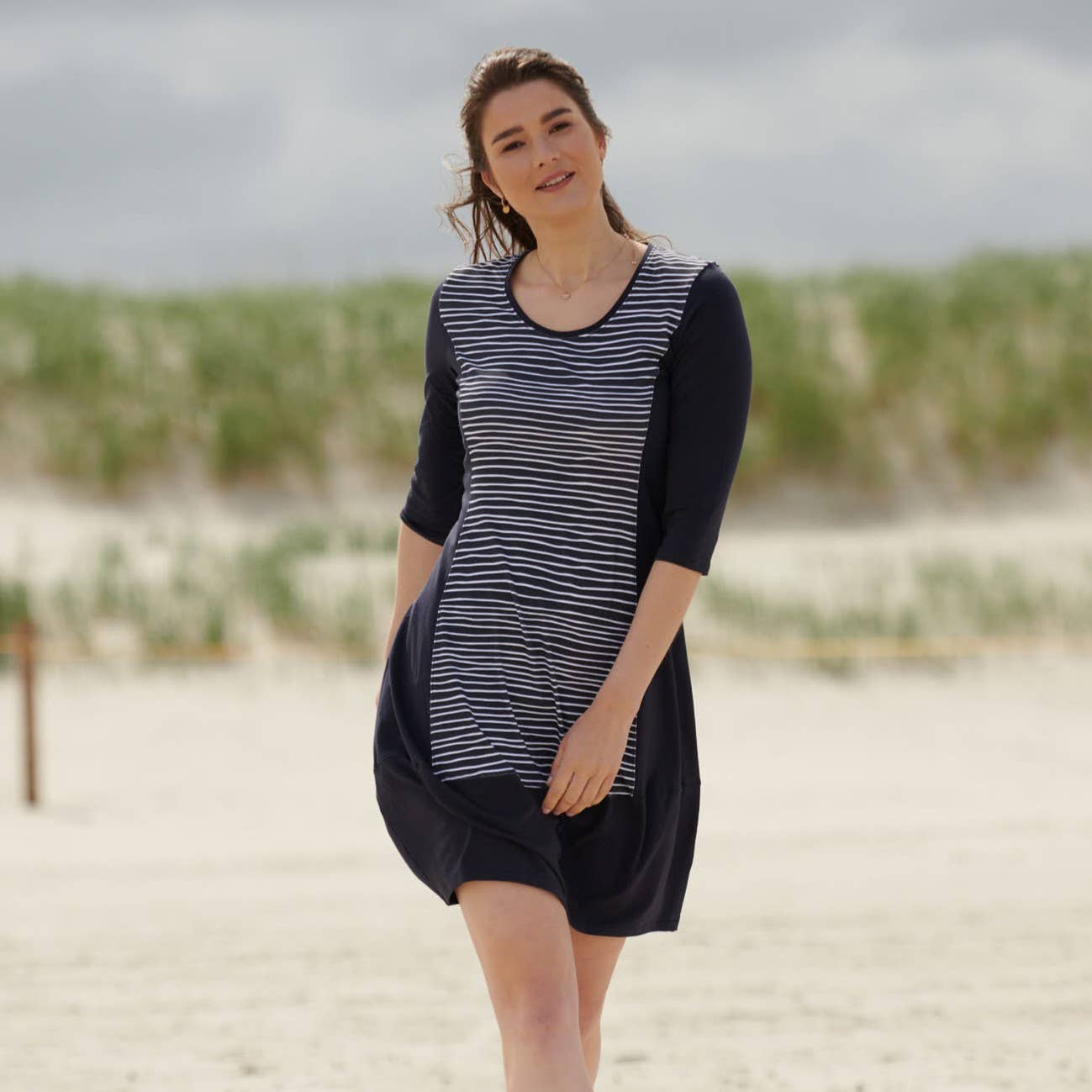 CON_STANT - Wholesale Dress - Women's - 3/4-sleeve balloon dress “Patch Ringel Night Sky”0