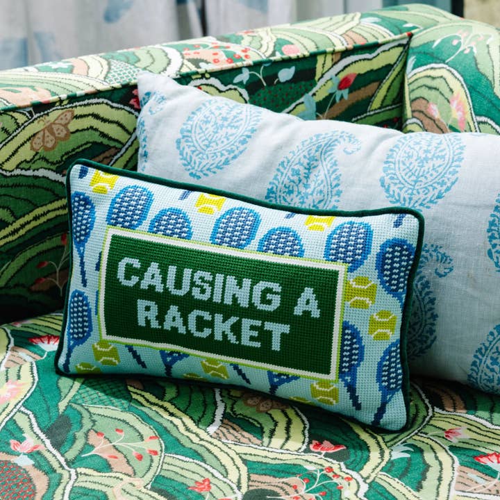 Causing A Racket Needlepoint Pillow for wholesale by Furbish Studio