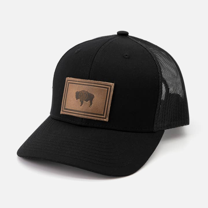 Range Leather Co. - Wholesale Trucker Hat - Unisex - Wyoming Flag Hat | Leather Patch Trucker Hat