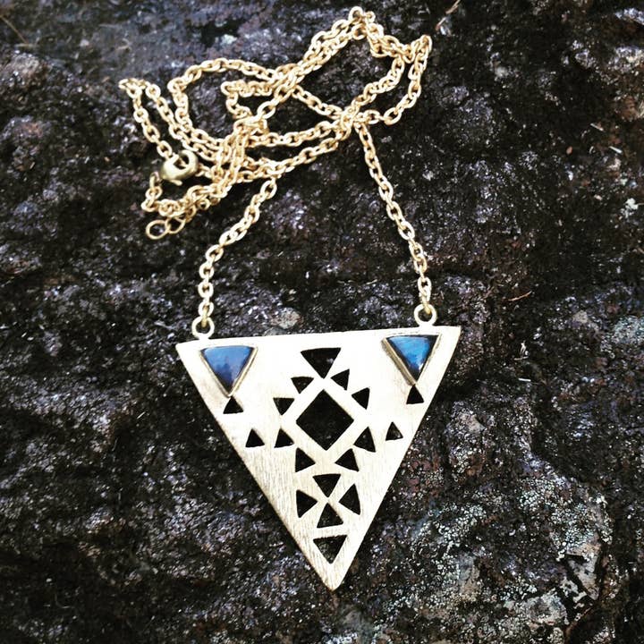 Brass Triangle Necklace with Labradorite Crystals for wholesale by JAYA MOKSHA