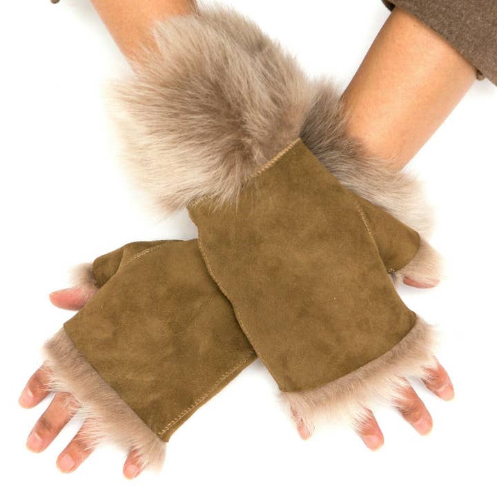 Infinity Leather (Upperclass Fashions Ltd) – wholesale Mittens – Women's – Womens Shearling Mittens Fingerless Cuffs Toscana Suede Sheepskin Fur