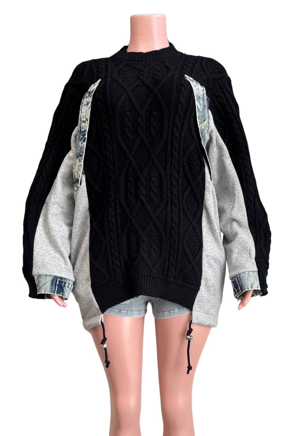 NEWGENS - Wholesale Knit Sweater - Women's - NT1036A Cable Knit Sweater with Denim Layered Details4