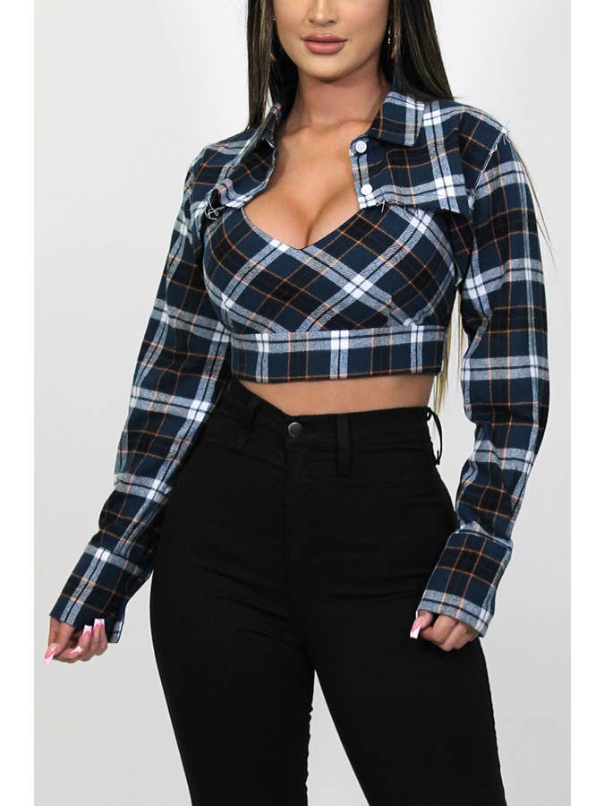 Junie - Vente Ensemble de hauts – femme - DÉBARDEUR À CARREAUX AVEC CHEMISE COURTE À MANCHES LONGUES JST2068