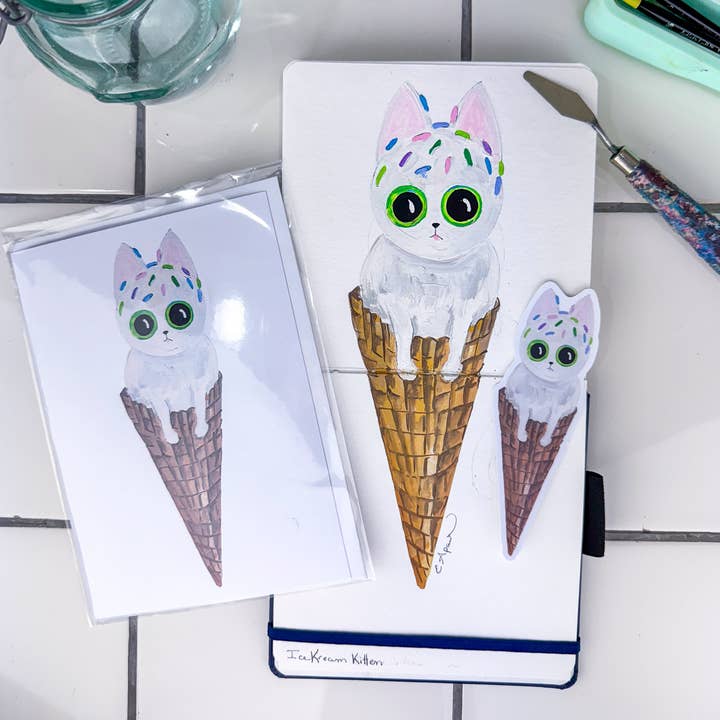 EyeConnect Crafts - Wholesale Everyday greeting card - KITTIE SWEETS, BLANK GREETING CARD - Ice Cream Cone Kitten0