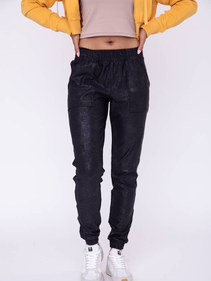 BLACK Foil Printed High-Waisted Joggers for wholesale on Faire