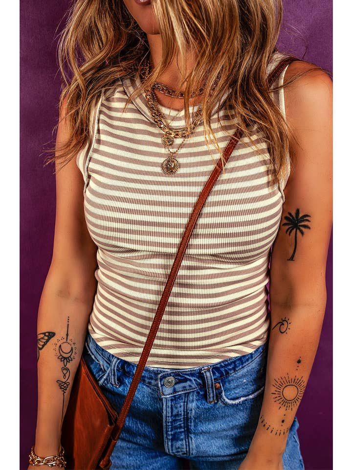 Khaki LDC Stripe Exposed Seam Trim Round Neck Sleeveless Top for wholesale on Faire