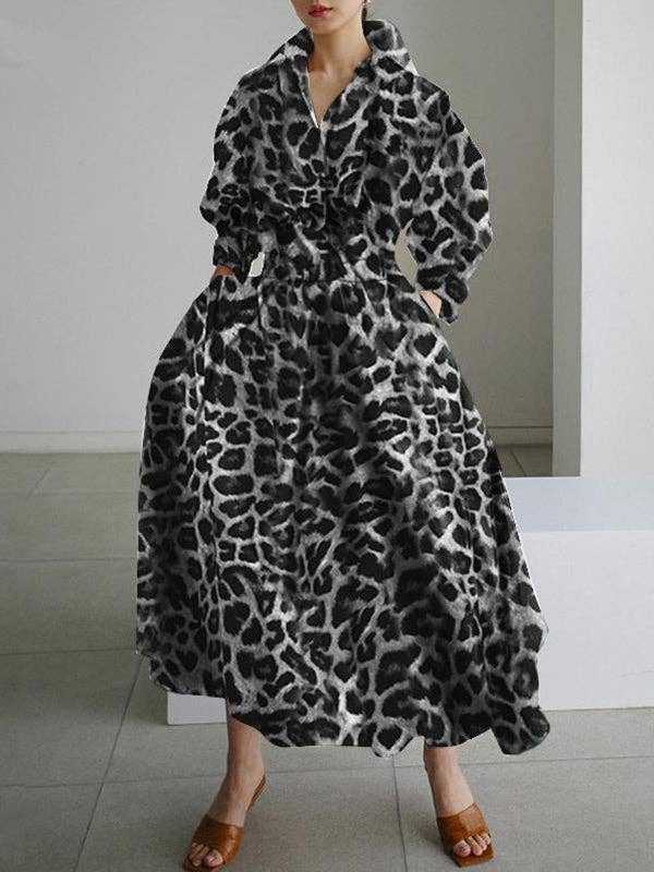 Plush Looks - Wholesale Dress - Women's - High Waisted Long Sleeves Buttoned Leopard Lapel Maxi Dresses0