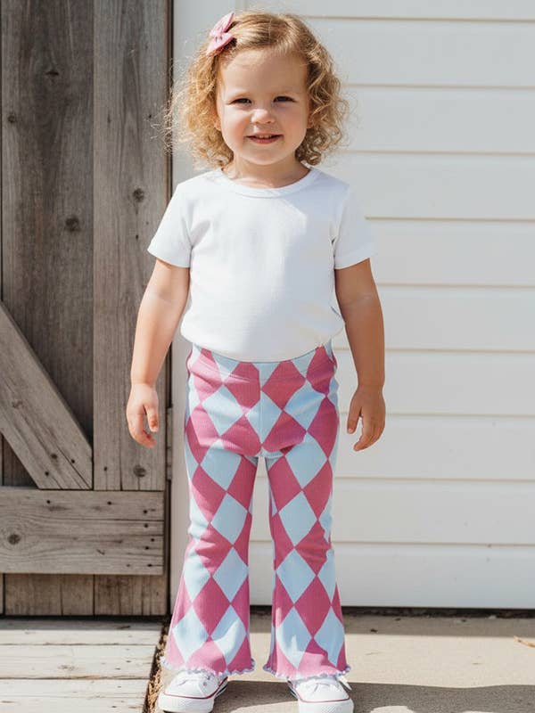 Ribbed knitted pink checkered flare leg girls pant 250947M for wholesale by luluclothes