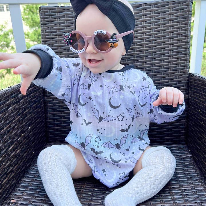 Purple Halloween Baby Sweater Romper for wholesale by Tiny toes Baby Co