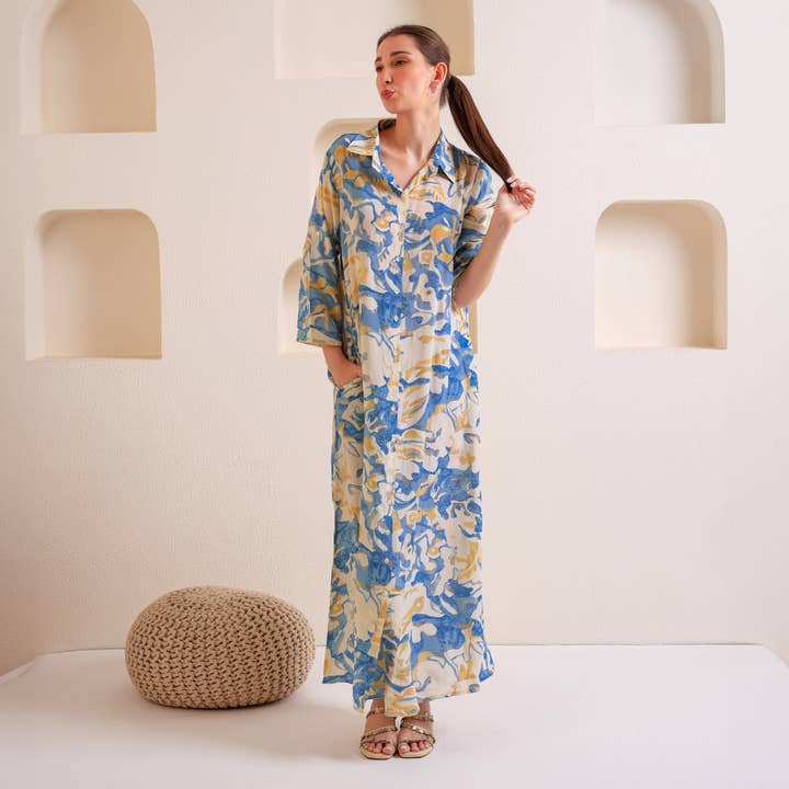 Abstract Harmony Button-Up Boho Long Dress Blue for wholesale by Letoz