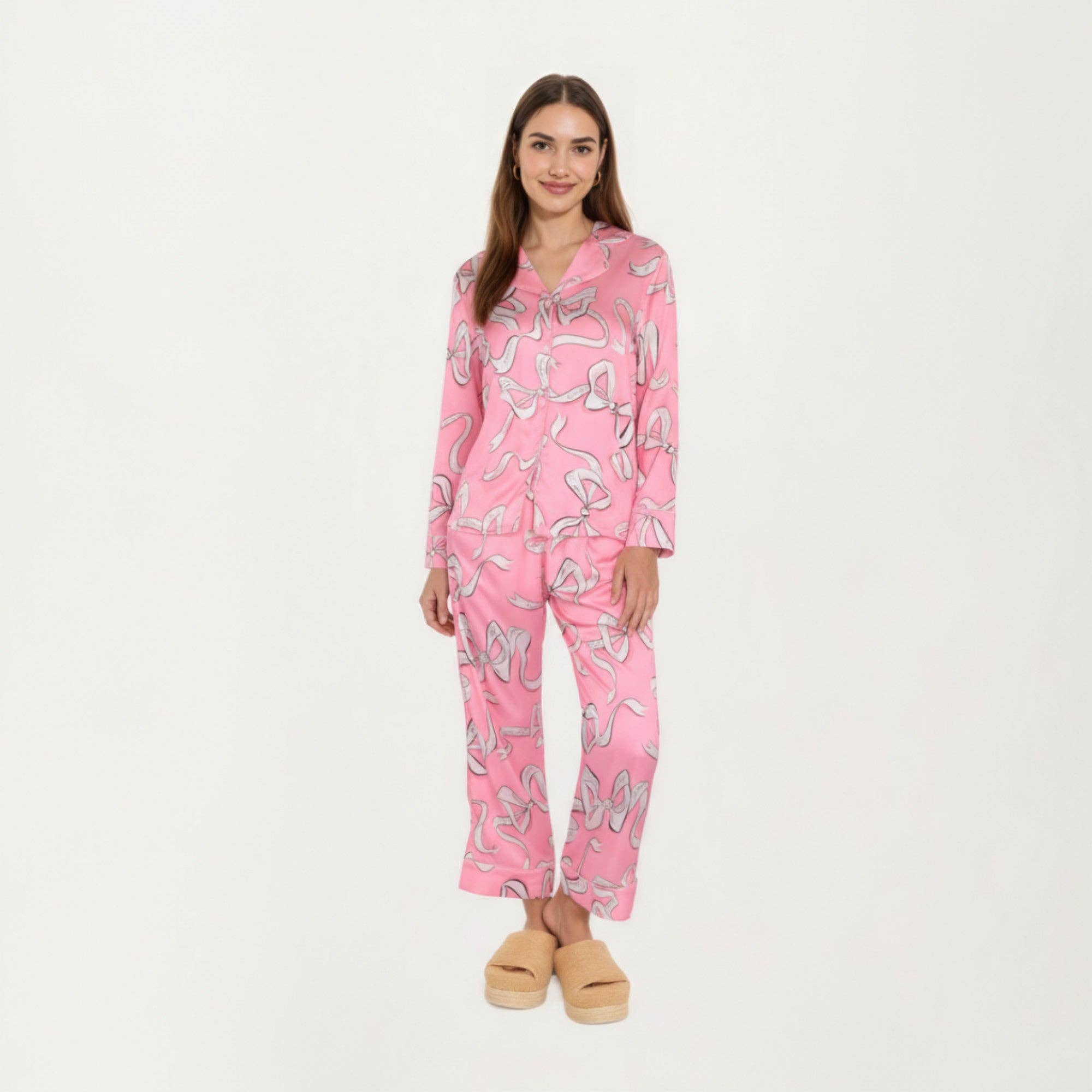 Pink 2-Piece Set Long Sleeve Button Front Pajama Set with Ribbon for wholesale on Faire4