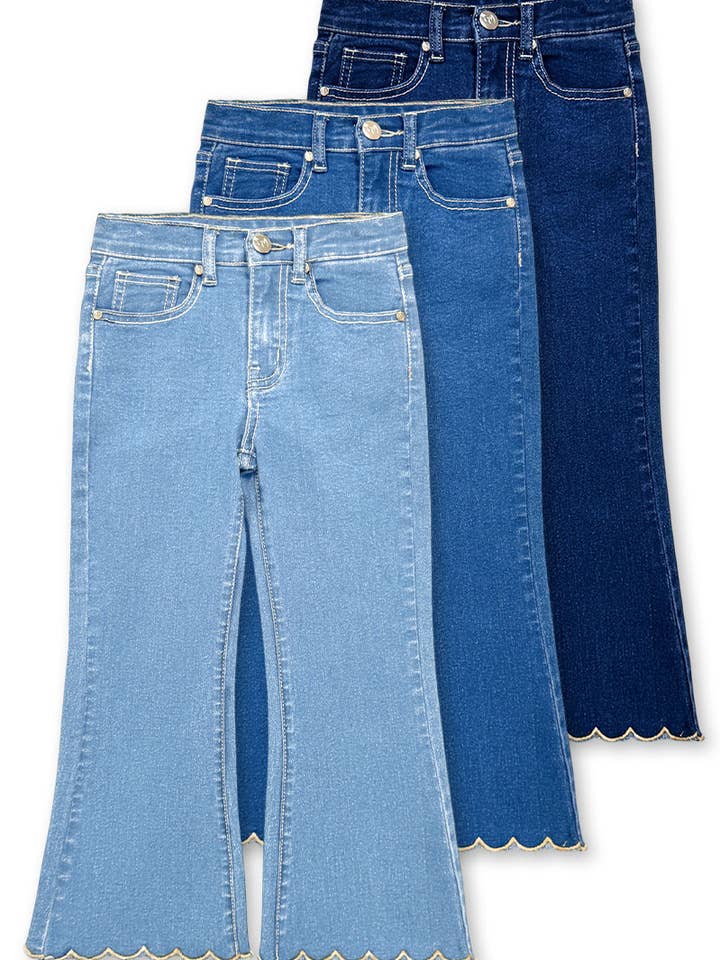 BB-GDP-M26-89479A Girl Flare Leg Denim Jean w/Scalloped Hem for wholesale by BonnieBianca
