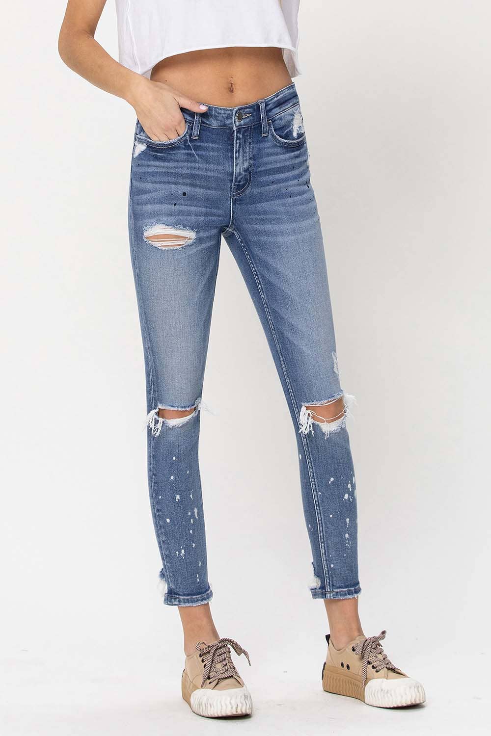 SEA SALT MID RISE DISTRESSED PAINT SPLATTER SKINNY JEANS F4159 for wholesale on Faire1