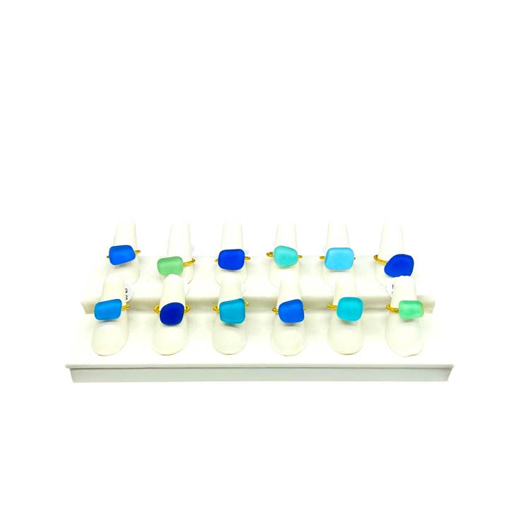 Upcycled Glass Rings - 12 Rings and Ring display (Gold) for wholesale by Addie Parker Jewelry