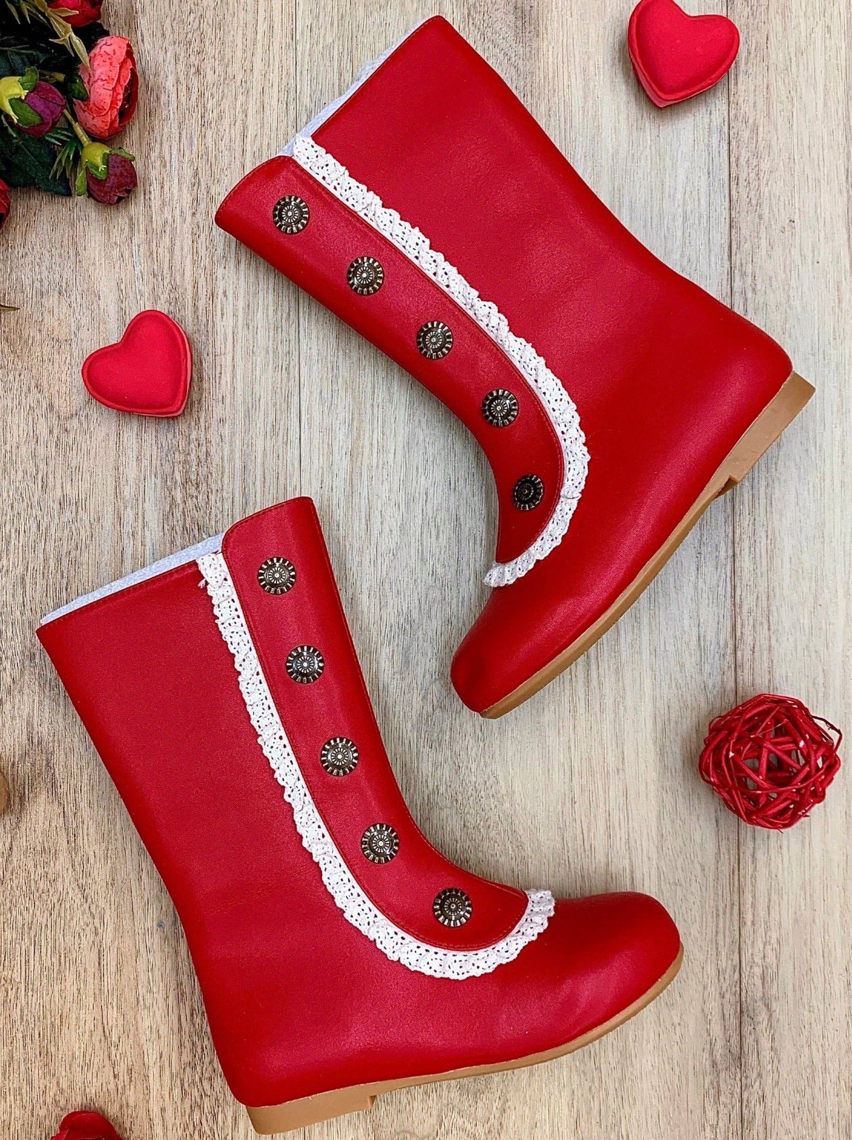 Red Military Style Lace Ruffle Trimmed Boots  By Liv and Mia for wholesale on Faire1