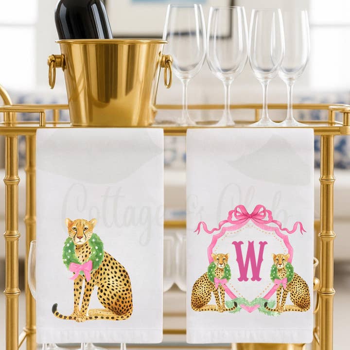 Christmas Cheetah Preppy Pink and Green Tea Towel Collection | Personalized Kitchen Decor | Gift for Her, Hostess, Birthday, Mom for wholesale by Cottage & Club